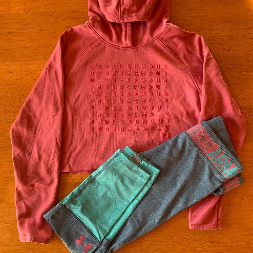 Under Armour 2 pc activewear set - pink hoodie, teal capris leggings, youth L